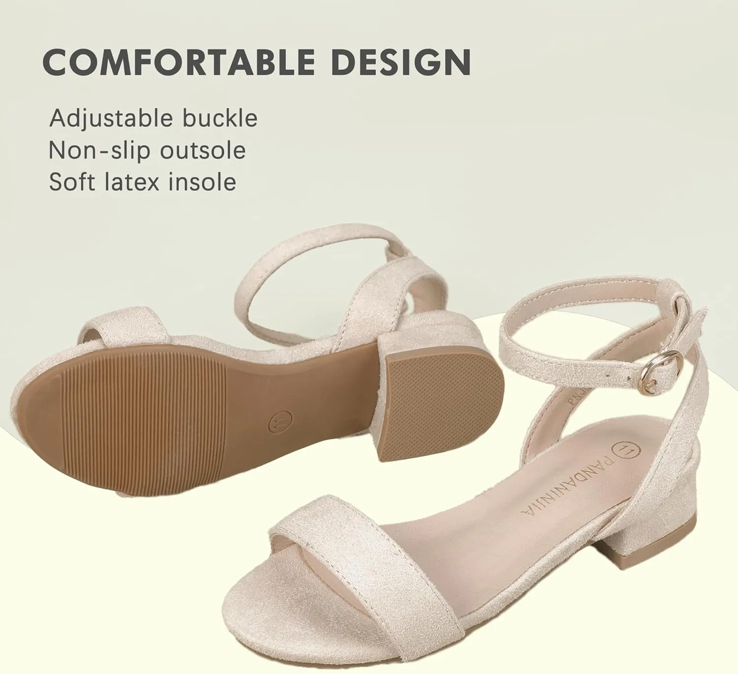 PANDANINJIA Girls Sandals Low Heels Dress Shoes Open Toe Flower Girl Wedding Party for Little Big Kid Dress Sandals