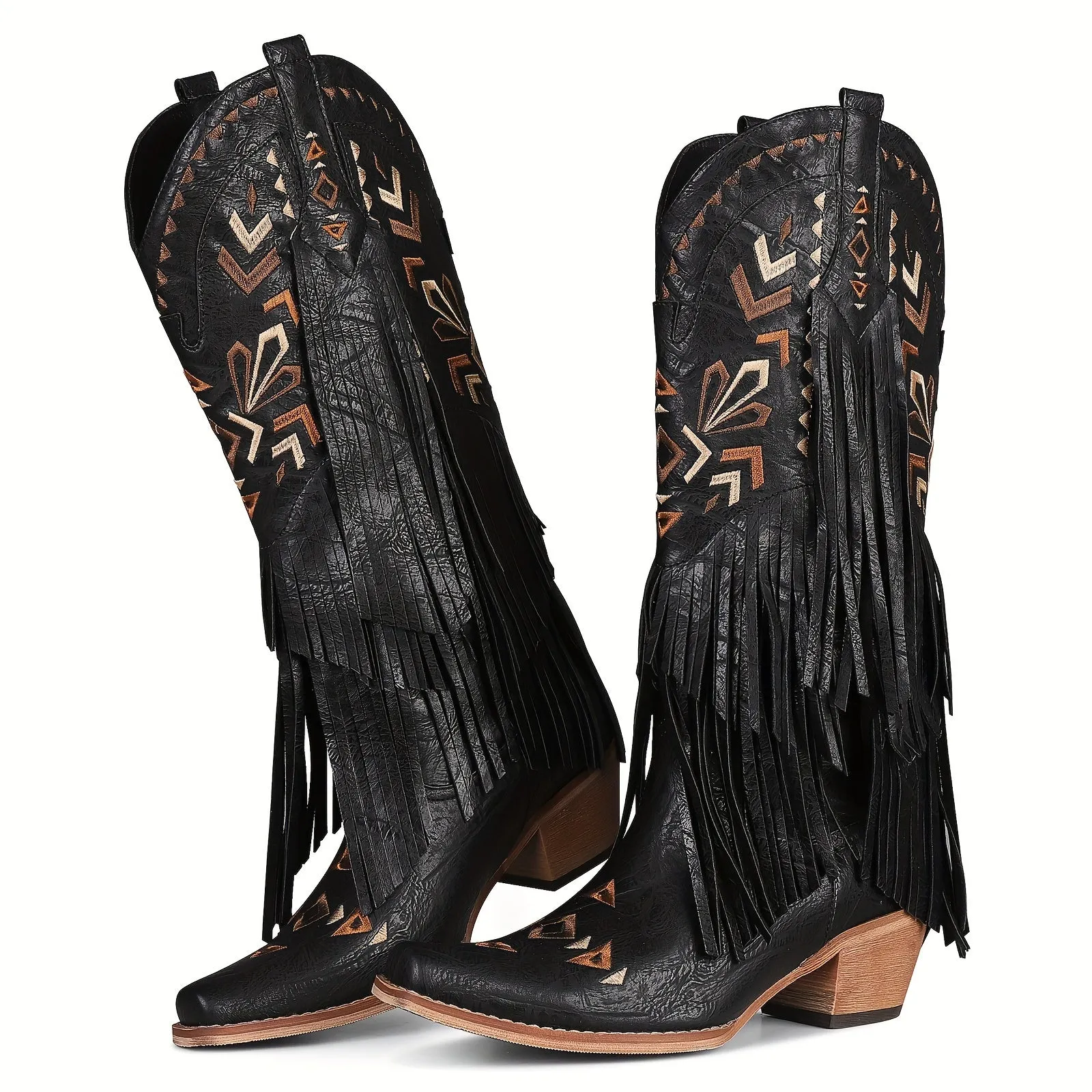 Stylish Knee-High Cowboy Boots - Featuring Tassels, Embroidery, Almond-Shaped Toes