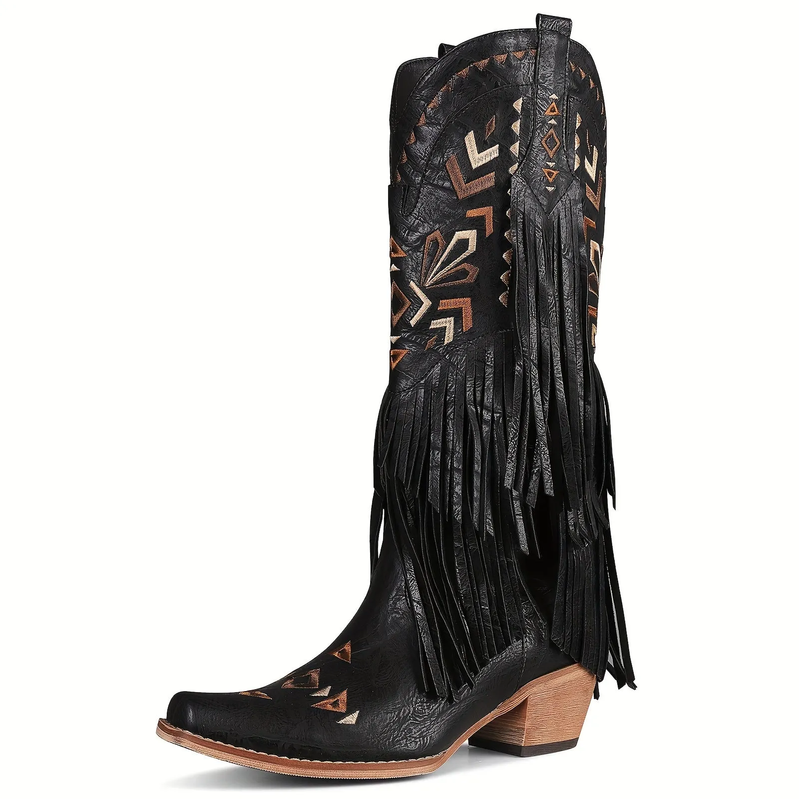 Stylish Knee-High Cowboy Boots - Featuring Tassels, Embroidery, Almond-Shaped Toes