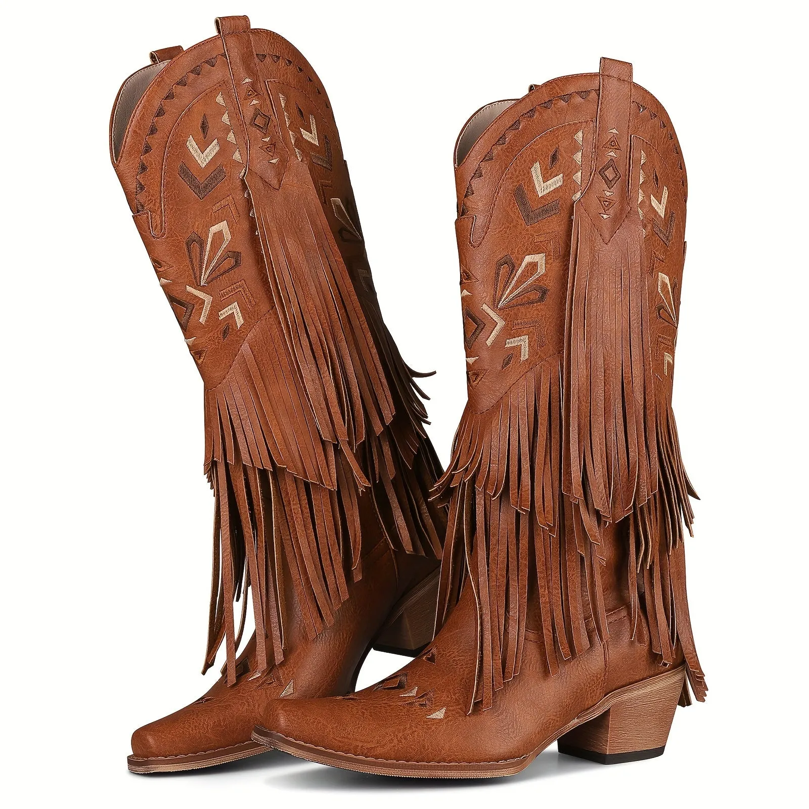 Stylish Knee-High Cowboy Boots - Featuring Tassels, Embroidery, Almond-Shaped Toes