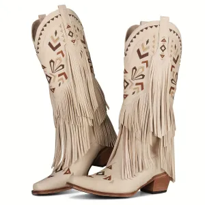 Stylish Knee-High Cowboy Boots - Featuring Tassels, Embroidery, Almond-Shaped Toes